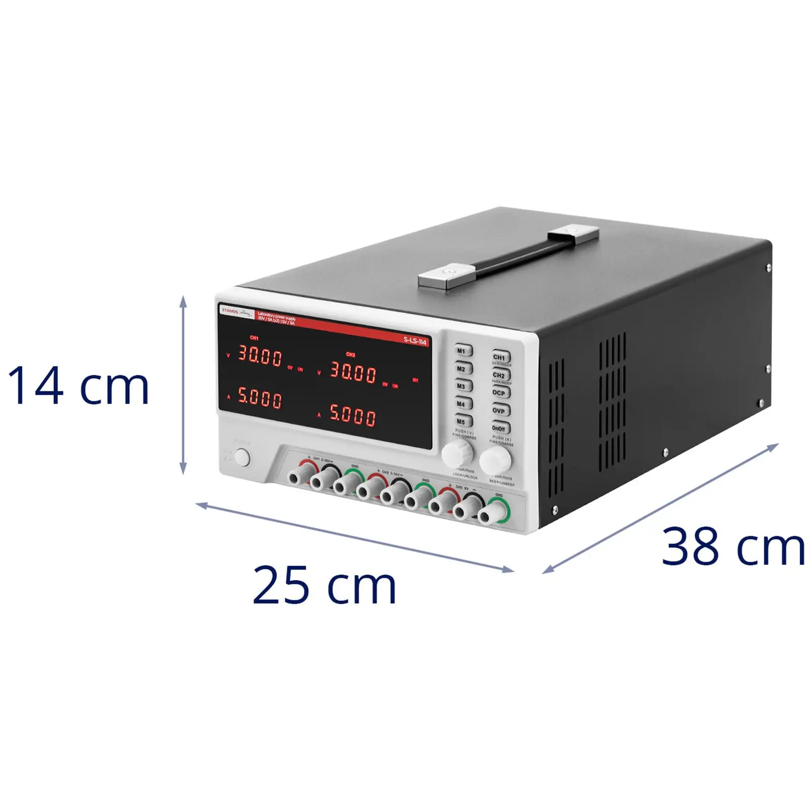 Labornetzgerät - 0 - 30 V - 0 - 5 A DC - 2 x 150 W + 15 W - 5 Speicherplätze - LED-Anzeige - USB/RS232