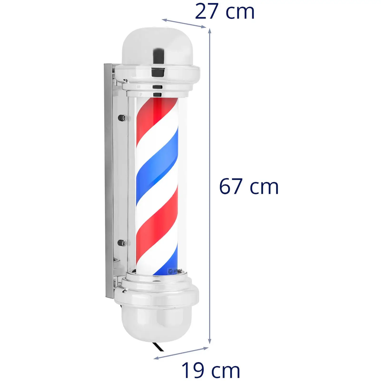 Barber Pole - rotierend und beleuchtet - 380 mm Höhe - 25 cm Wandabstand - silberne Fassung