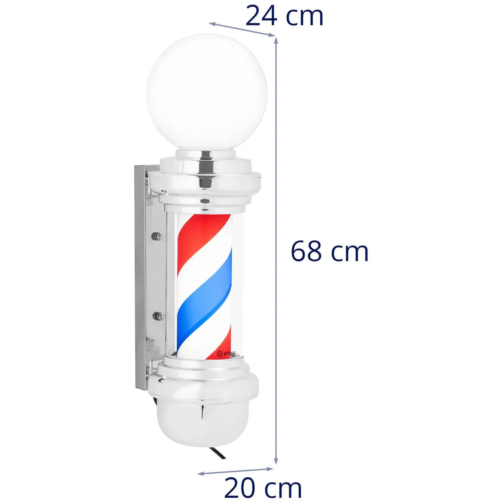 Barber Pole - rotierend und beleuchtet - 280 mm Höhe - 25 cm Wandabstand - silberne Fassung