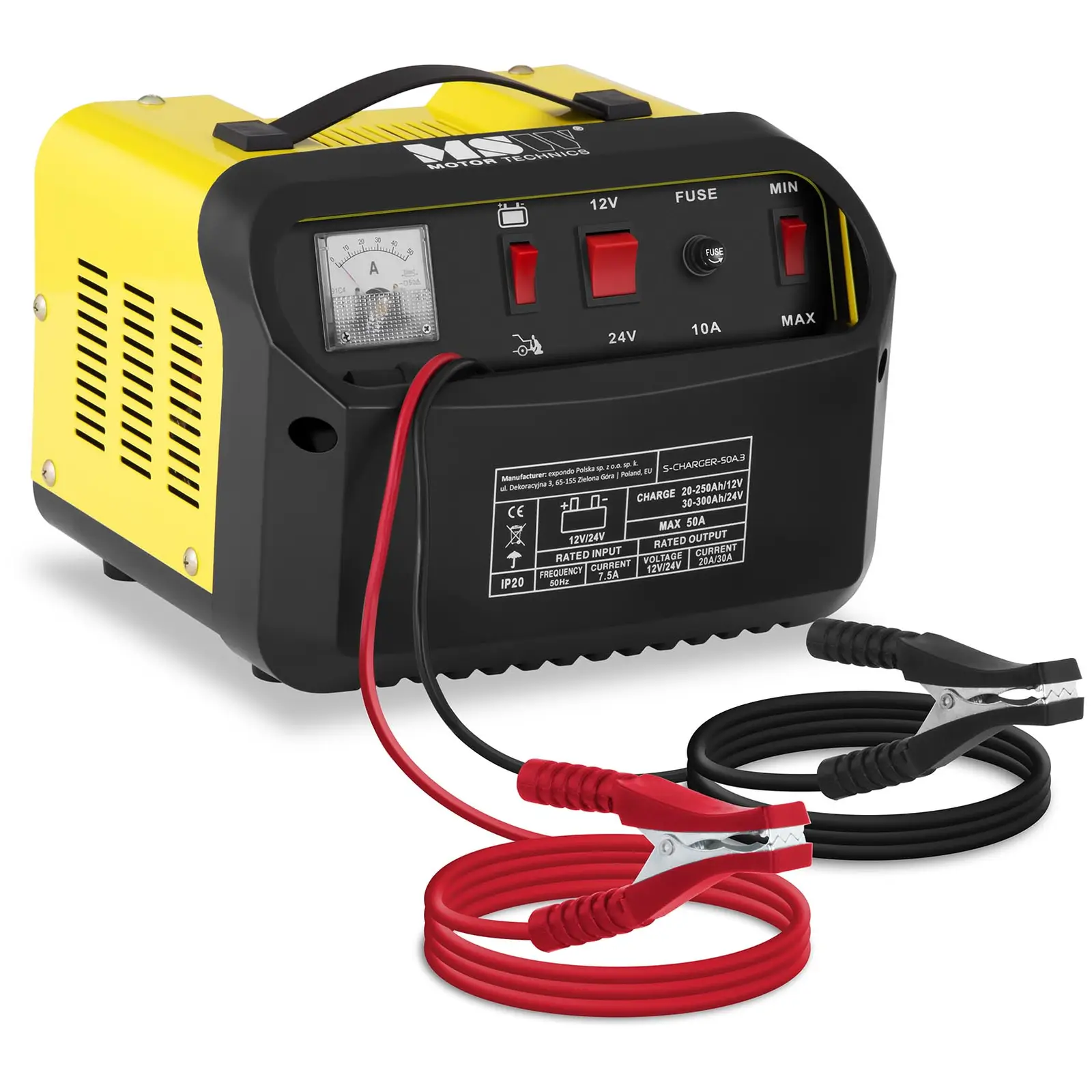  MSW Chargeur de Batterie Auto Aide au Démarrage pour la Voiture  S-CHARGER-50A (12/24 Volts, 20/30 ampères, accumulateur au Plomb)